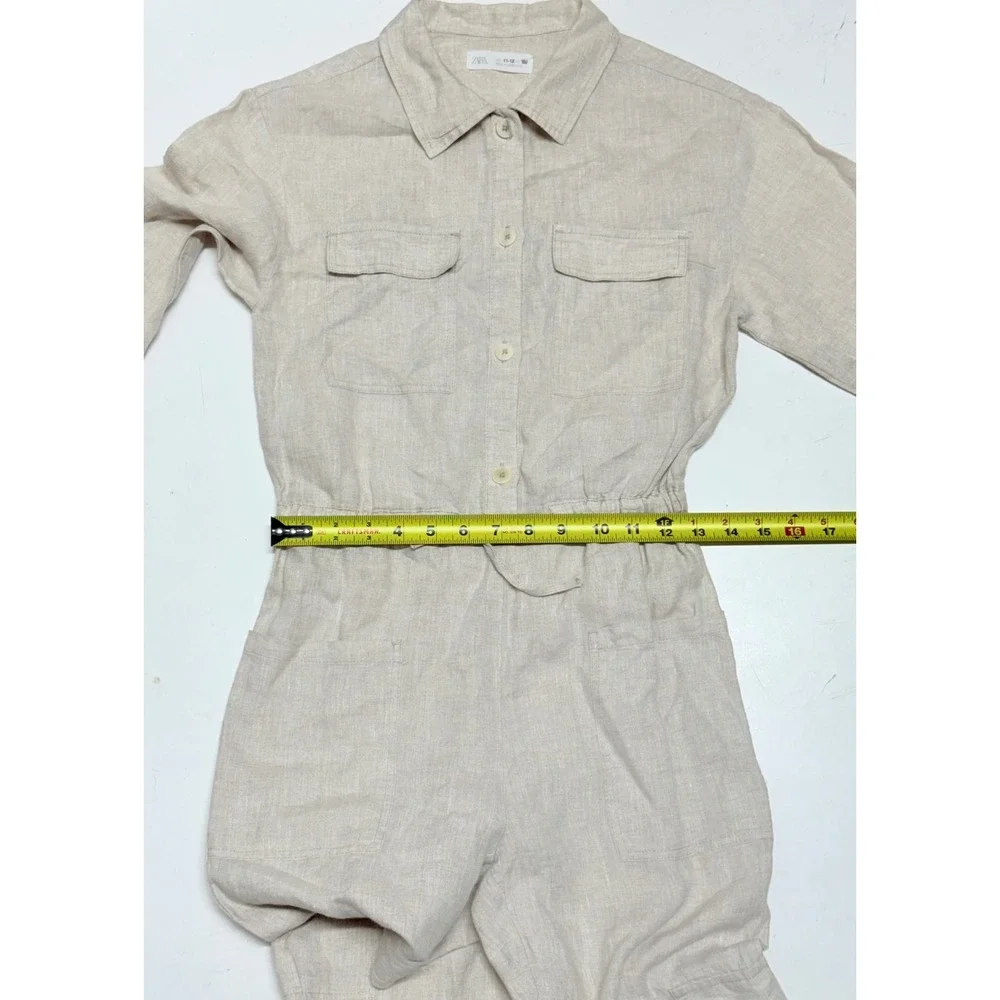 Zara Women's Tan Beige Jumpsuit Size 11-12 152‎ cm Long Sleeve Button Up Linen